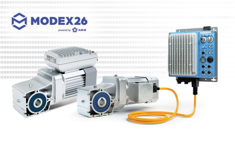 Helical bevel gear units with variable frequency drives on a white background and MODEX26 logo