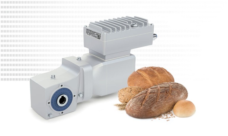 NORDBLOC.1 helical bevel gear motor with NORDAC ON+ and bread display on white background.
