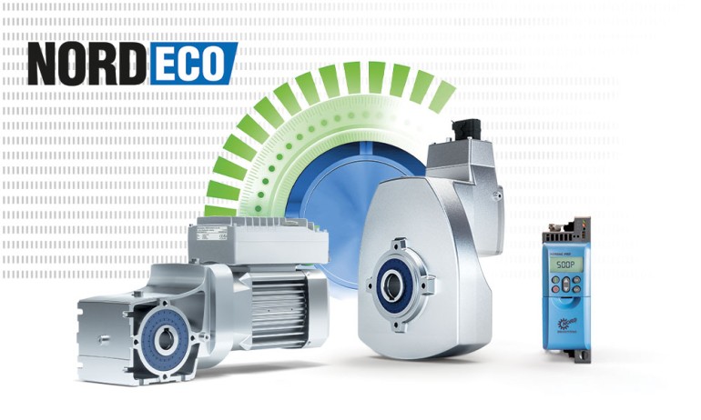 NORD DRIVEYSTEMS NORDBLOC.1 helical bevel gear unit with IE5+ synchronous motor and NORDAC ON+ variable frequency drive, DuoDrive integrated gear unit and motor, and NORDAC PRO SK 500P variable frequency drive on white background with NORD ECO logo.